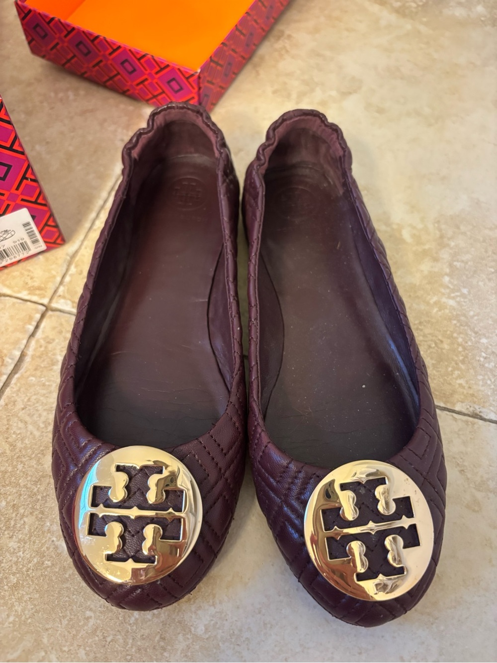 Tory Burch Quilted Ballet Flats in Deep Plum with Gold Logo